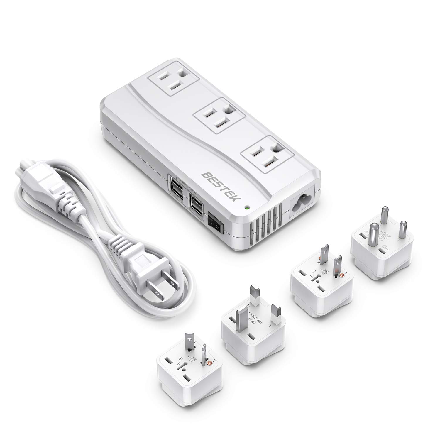 BESTEK Universal Travel Adapter, Worldwide Plug Adapter 220V to 110V Voltage Converter with 6A 4-Port USB Charging and UK/in/AU/US International Outlet Adapter(White)