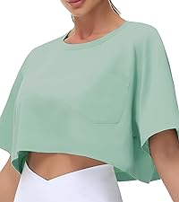 Women''s Workout Crop Tops Short Sleeve Boxy Oversized T-Shirts with Pockets