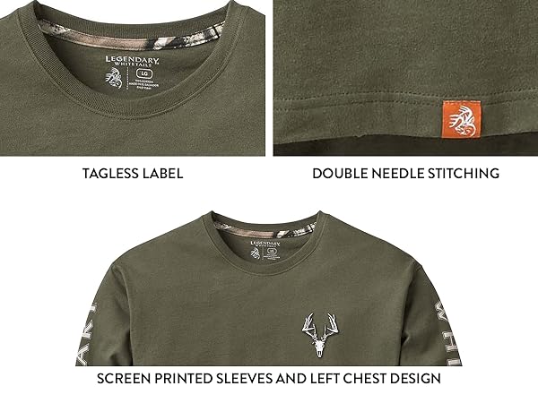 screen printed sleeves, left chest graphic, double needle stitching, tagless label, tee, shirt, mens