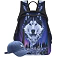 Wolf Backpack for Women Girl, Blue Wolf Print 15inch Casual Backpack with 5 Pockets and Large Capacity Teenager Backpack for Travel Hiking Camping