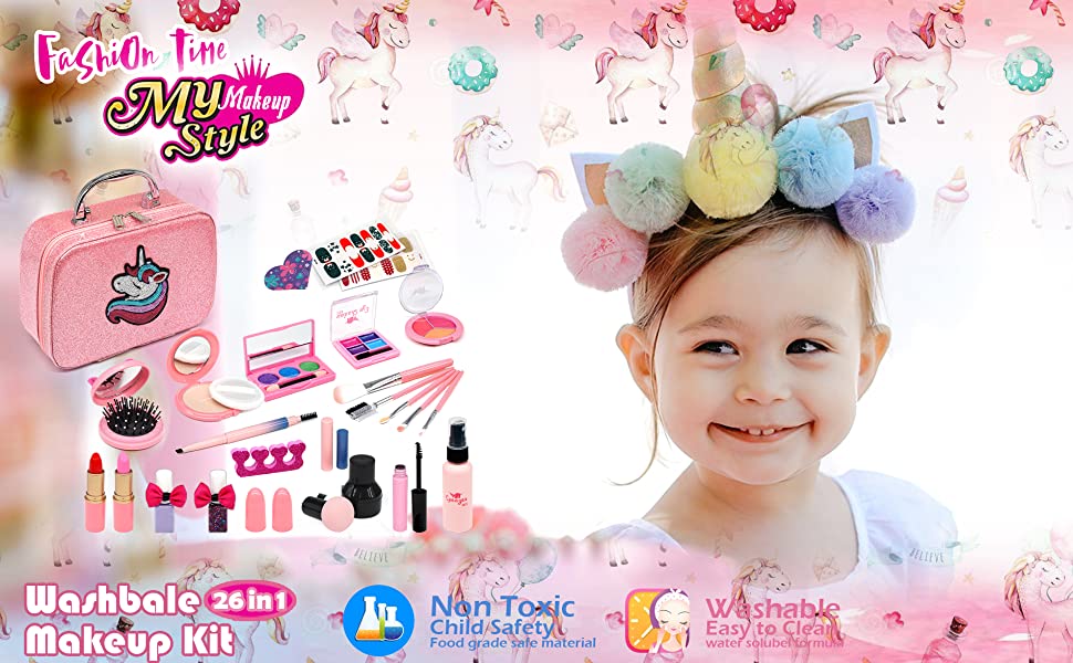 Kids Washable Makeup Girls Toys - 28Pcs Real Make-up Kit Toy For Little Girls