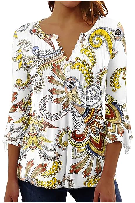 Summer Tunic Tops for Women 2023 Fashion 3/4 Bell Sleeve t-Shirt Bohemian Floral Henley Shirts Empire Waist Blouse