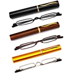 OWTXIS 3 Pack Mini Slim Pen Reading Glasses - Compact Readers with Pen Clip Case Spring Hinge Metal Frame Eyeglasses (Black, Brown, Gold, 1.75)
