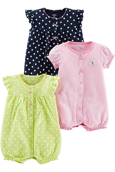 Baby Girls' Snap-Up Rompers, Pack of 3