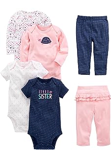 Baby Girls'' 6-Piece Bodysuits (Short and Long Sleeve) and Pants Set