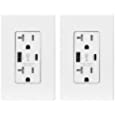 ELEGRP 25W 5.0 Amp Type C USB Wall Outlet, 20 Amp Receptacle with USB Ports, USB Charger for iPhone, iPad, Samsung, Google, LG, HTC and Android Devices, with Wall Plate, 2 Pack, Matte White, UL Listed