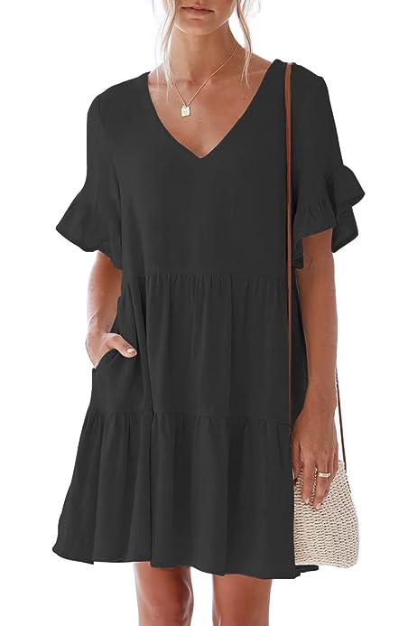 Women's Summer Casual Dress Sweet & Cute V-Neck Mini Dress with Pocket Short Sleevele Ruffle Dress