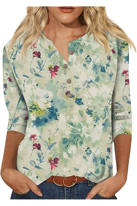 Womens Casual Tops 3/4 Sleeve Casual Loose Work Tops Summer Print Shirt Button Down Crewneck Tops Trendy Plus Size