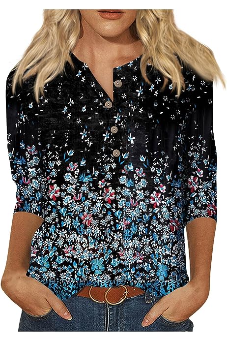 Womens Tops Fall Printed Ethnic Style Boho Summer Blouses 2023 3/4 Sleeve Blouses & Button-Down Shirts Tops Elegant