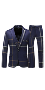 Mens Plaid Tweed 3 Piece Suits Slim Fit One Button Suit Tuxedo Set (Blazer+Vest+Pants)