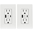 ELEGRP 25W 5.0 Amp Type C USB Wall Outlet, 15 Amp Receptacle with USB Ports, USB Charger for iPhone, iPad, Samsung, Google, LG, HTC and Android Devices, with Wall Plate, 2 Pack, Matte White, UL Listed