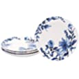 Bico Watercolor Blue Flower Ceramic 8.75 inch Scalloped Salad Plates, Set of 4, for Salad, Appetizer, Microwave &amp; Dishwasher Safe