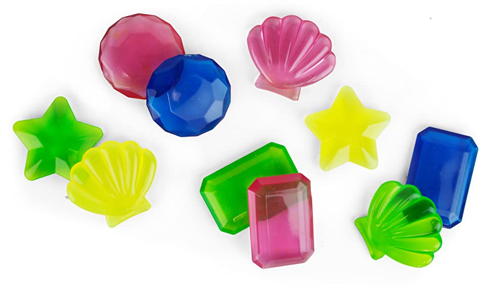 star, shell, and jewel dive gems in brilliant colors are ready for some fun pool water play!