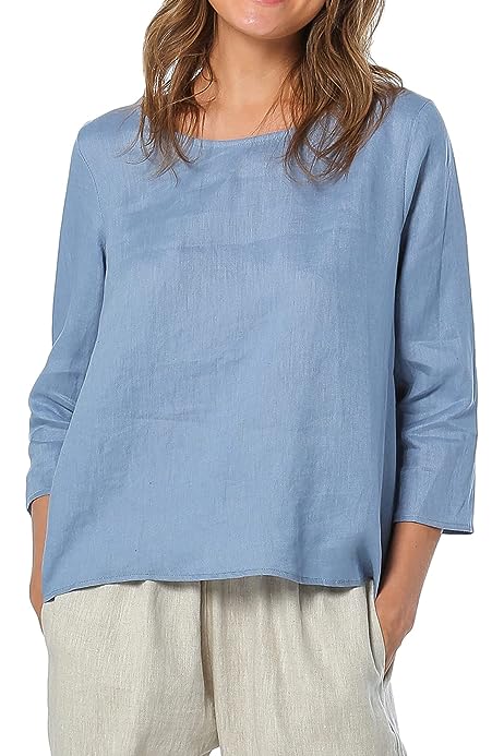 Womens Linen 3/4 Sleeve Blouse Crew Neck Summer Casual Tops Loose Fit