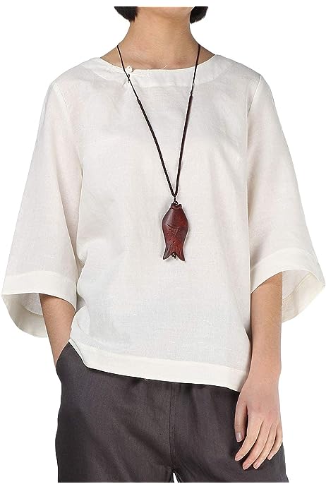 Women's Loose Cotton Linen Blouse Round Neck with Chinese Frog Button Tops
