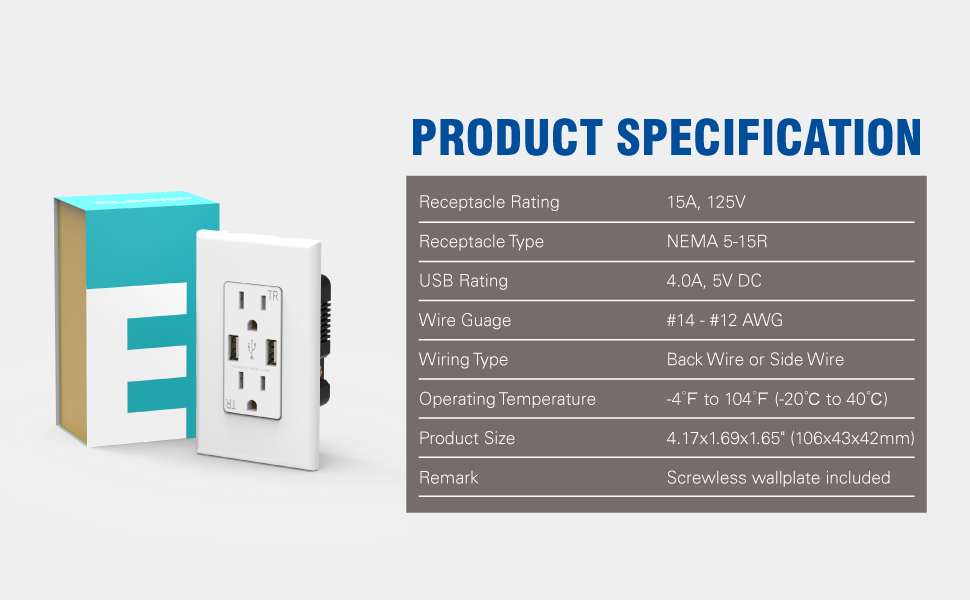 Product Specification of 4.0A USB Outlet and 15A NEMA 5-15R Receptacle