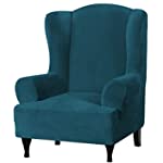 Velvet Plush Stretch Wingback Chair Covers Wing Chair Slipcover Wing Chair Covera Furniture Covers for Wingback Chairs Living Room, Feature Soft Thick Smooth Fabric Machine Washable, Deep Teal