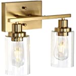 Gold Bathroom Vanity Lights, 2 Lights Brushed Gold Bathroom Light Fixtures with Clear Grooved Glass Shade, Modern Bathroom Lights Over Mirror, Vanity Lighting Fixtures,13.8&quot;W x 10.7&quot;H