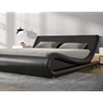 SHA CERLIN Platform Bed Frame Full Size, Upholstered Faux Leather Low Profile Sleigh Bed with Adjustable Headboard, Wood Slats Support, Black