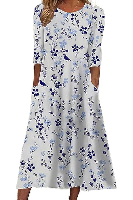 Womens Boho Floral Print Loose Casual Summer Short Sleeve Long Maxi Dress with Pockets