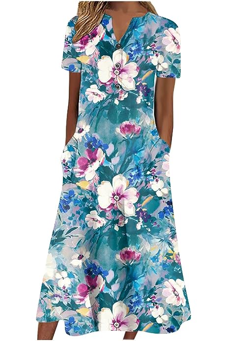 Dresses for Women 2023 Vintage Flower Pattern Sundresses Short Sleeve V-Neck Casual Loose Midi Dress with Pockets