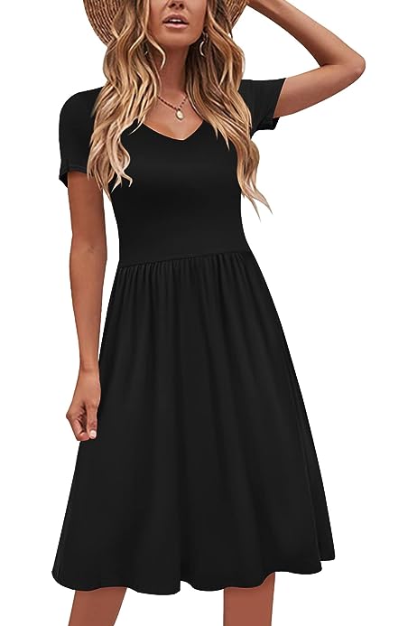 Women Short Sleeve Casual Dresses V Neck Knee Length Beach Dress with Pockets