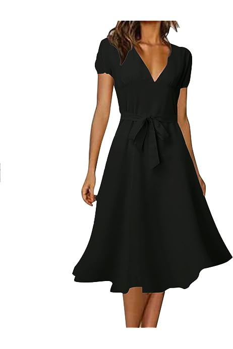 Womens 2023 Summer Casual V-Neck Short Sleeve Midi Dress Simple Solid Color Tie Waist Flutter Sundresses