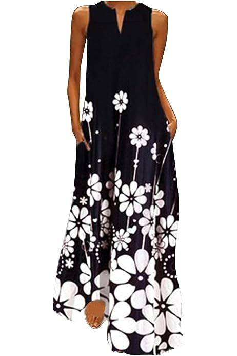 Summer Dresses for Womens Casual V-Neck Print Long Sleeveless Loose Maxi Dress