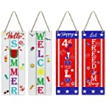Hello Summer/4th of July Patriotic Decorations Wooden Sign Hanging Banner for Door Wall (2 Pack 17&quot;x 6&quot; Reversible Wall Decor) - Summer Theme &amp; Fourth of July Theme Farmhouse Decor for Home Party Yard