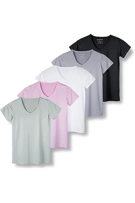5 Pack: Women's Short Sleeve V-Neck Activewear T-Shirt Dry-Fit Wicking Yoga Top (Available in Plus)