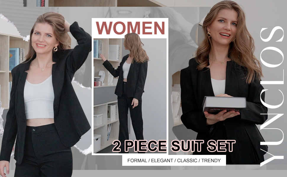 YUNCLOS womens 2 piece suit long sleeve notched collar blazer trousers set