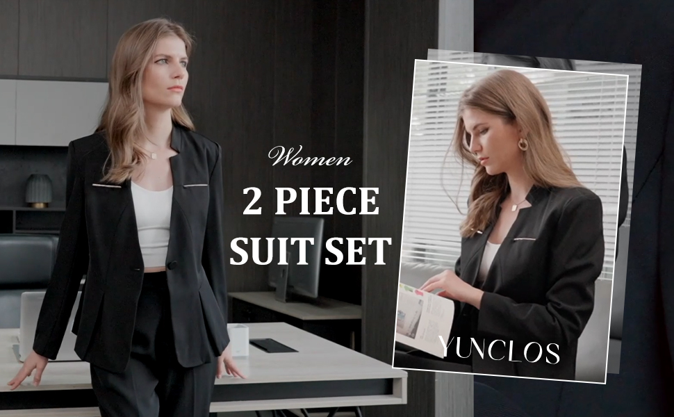 YUNCLOS womens 2 piece suit set long sleeve one button closure pleated hem
