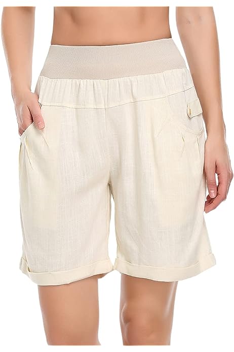 Women's Casual Summer Cotton Linen Shorts Loose Fit Comfortable Elastic Waisted Shorts