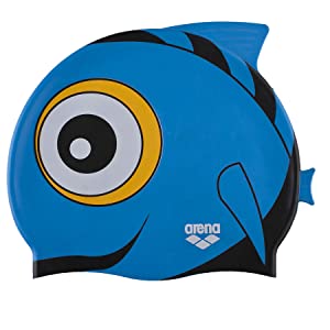 close-up of arena swim cap for kids shaped like a cute fish in blue with yellow for swim lessons