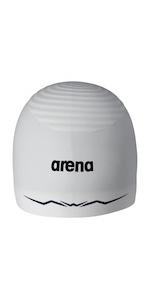 arena aquaforce wave swim cap closeup, white cap with black arena logo, made of silicone