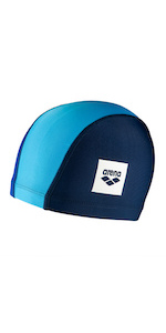 arena unix II junior swim cap close-up, fabric, blue, navy and white with arena logo in black
