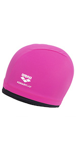 arena smartcap close-up, swim cap for swimmers with long hair, bright pink with arena logo in white