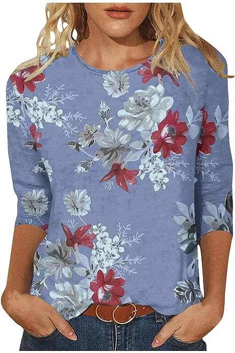 Cute Summer Tops for Women 2023 3/4 Sleeve Summer Graphic Tee Shirt Boho Floral Print Crew Neck Pullover Blouse