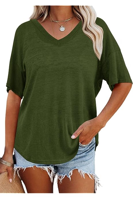 Womens V Neck Half Sleeve T Shirts Casual Loose Fit Tunic Tops Solid Color Blouse