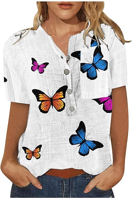 Womens Butterfly Print Spring Shirts Short Sleeve Casual Tunic Tops Dressy V-Neck Tshirts Blouse Vacation Outfit 2023