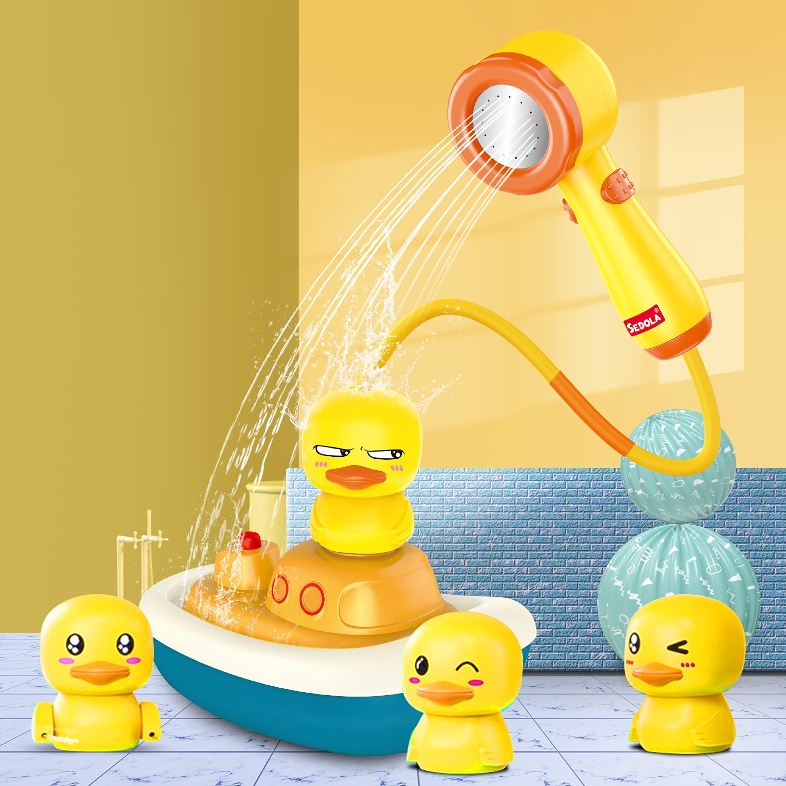 Baby Bath Toys for Toddler - Sprinklers Shower Head Water Spray Bathtub Toy, Electric Yellow Duck Floating Boat Water Toys Playsets, Kids Infants Baby Shower Sprayer Gift for Ages 3 4 5 Year Old