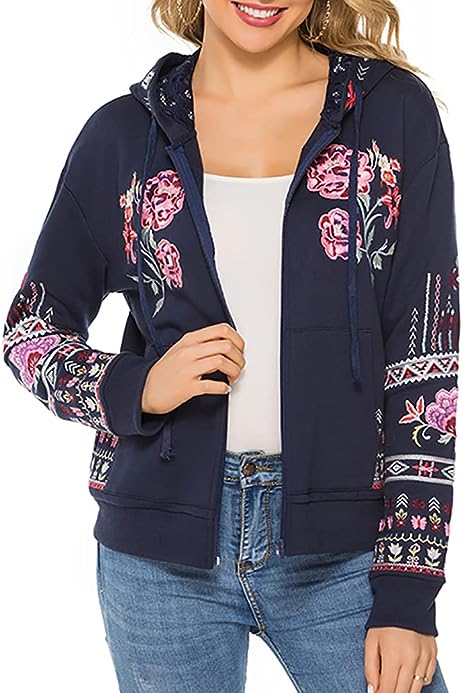 Women's Full Zip Long Sleeve Embroidered Sweatshirt Floral Boho Embroidered Mexican Hoodie Fall Winter Coat Tops Jackets