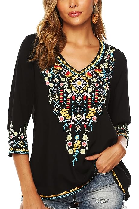 Women's Boho Embroidered Peasant Tops 3/4 Sleeve V Neck Mexican Bohemian Shirts Tunics Blouses