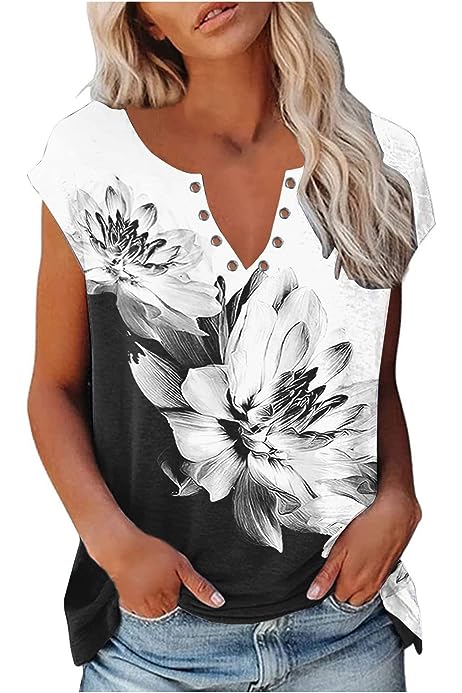 Womens Cap Sleeve V-Neck Shirt Floral Print Button Down Oversized Tshirt Blouses Loose Fit Comfy Tops Blouse