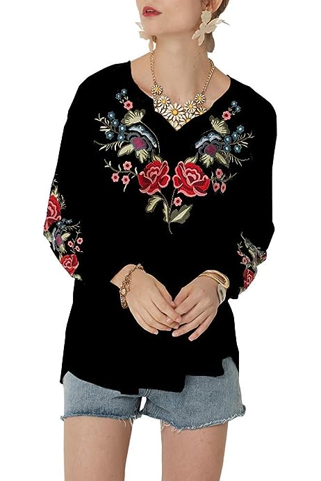 Women's Embroidered Tops Mexican Shirt V Neck Summer Casual Tops Peasant Tunic Loose Blouse