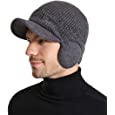 Muryobao Men&#39;s Beanie Hat with Visor Warm Winter Knit Earflaps Hats Thick Fleece Lined Skull Ski Baseball Cap Dark Grey