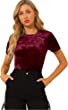 Allegra K Women's Velvet Top Crew Neck Short Sleeve Casual T-Shirt