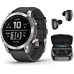 Garmin Fenix 7 Multisport GPS Touchscreen Smartwatch, Silver with Graphite Band, 33 mm. Display with Wearable4U Black Earbuds Bundle