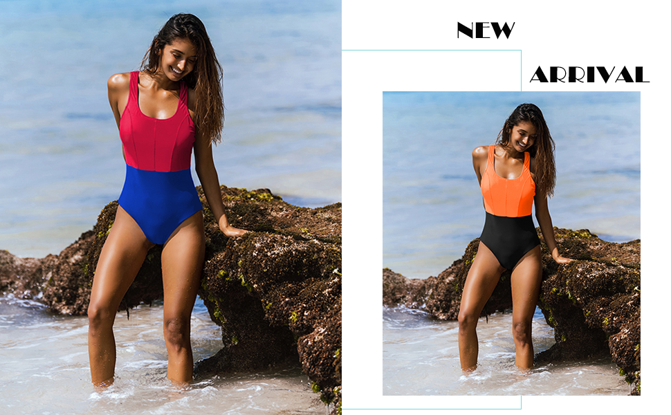 Swimwear Color Block sporty two tone racer back swimming suits watersports outdoors plus size S M L