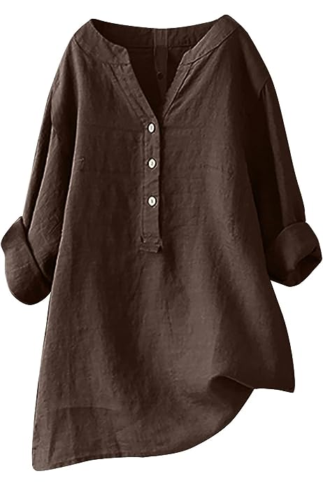 Linen Shirts for Women Loose Fit Button V Neck Blouses and Tops Dressy Rolling Elbow Sleeve Tshirt Shirts Trendy 2023